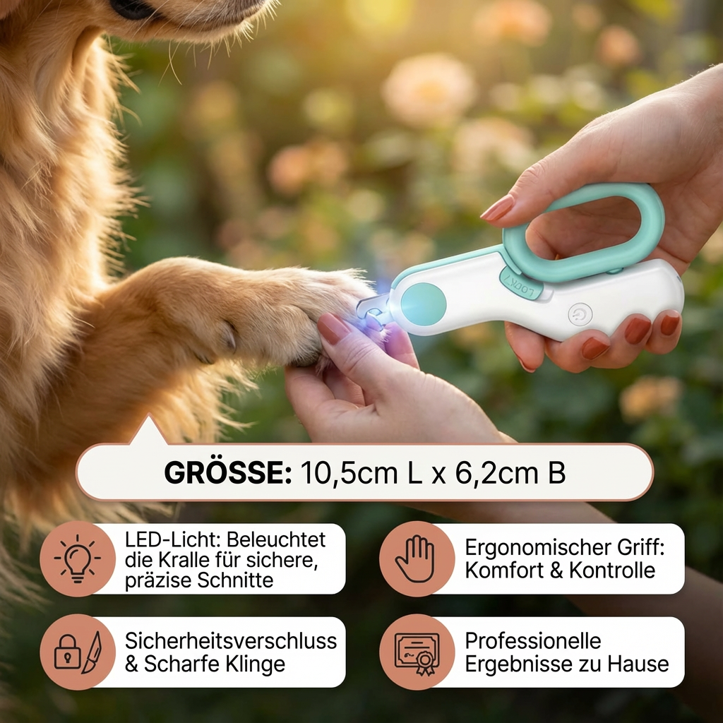 Ergonomische Krallenschere mit LED-Licht, ideal für professionelle & einfache Nagelpflege bei Haustieren.