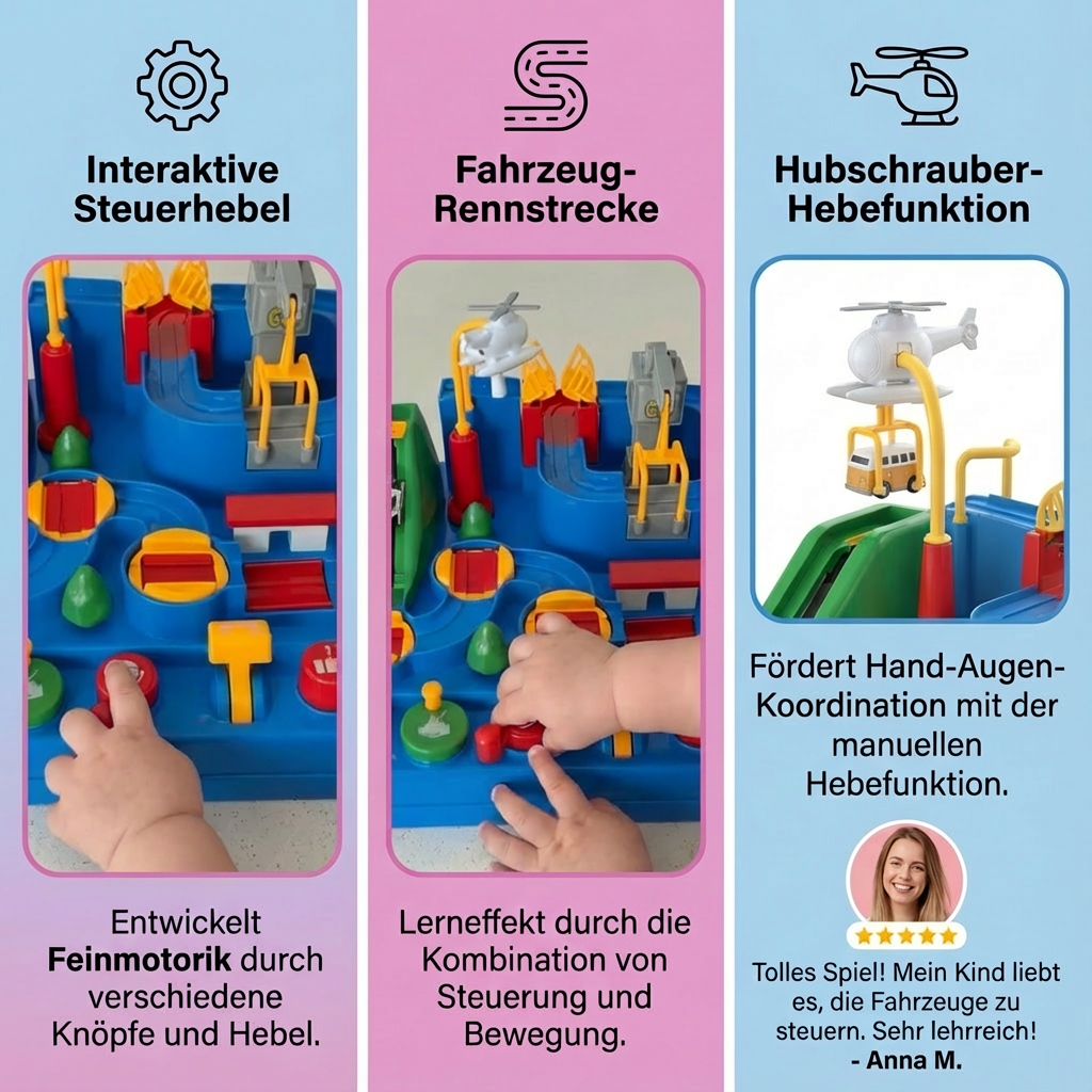 Kinderspielzeug: Detailansicht des Fahrzeug-Geschicklichkeitsspiels in Aktion, verbessert Hand-Auge-Koordination.