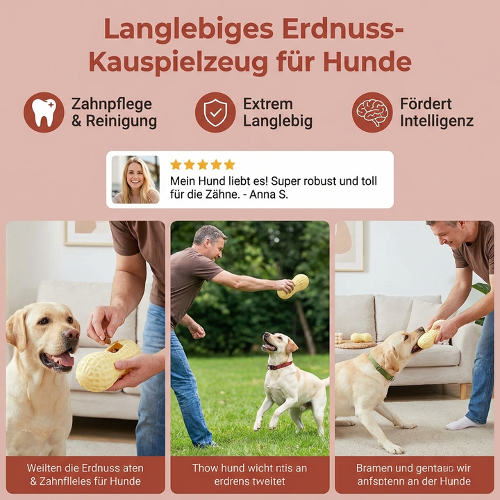 Interaktives Erdnuss-Kauspielzeug für Hunde. Bietet langanhaltenden Spielspaß und stärkt die Kiefermuskulatur.