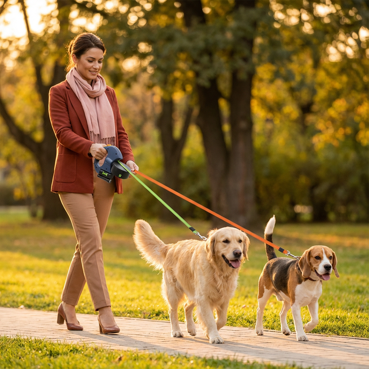 Praktische Anti-Verhedder Doppel-Hundeleine für zwei Hunde, ideal fürs Gassi gehen.