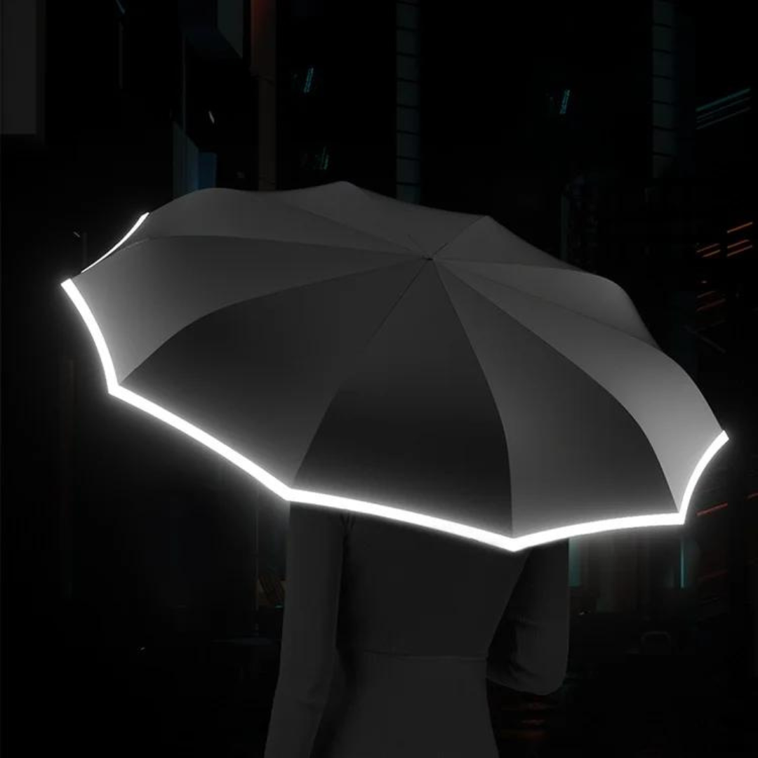 Eleganter unisex Regenschirm, automatische Öffnung, winddicht und mit Reflektorrand für Abendspaziergänge.