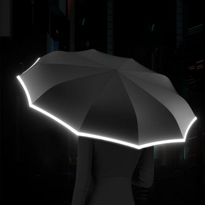 Eleganter unisex Regenschirm, automatische Öffnung, winddicht und mit Reflektorrand für Abendspaziergänge.