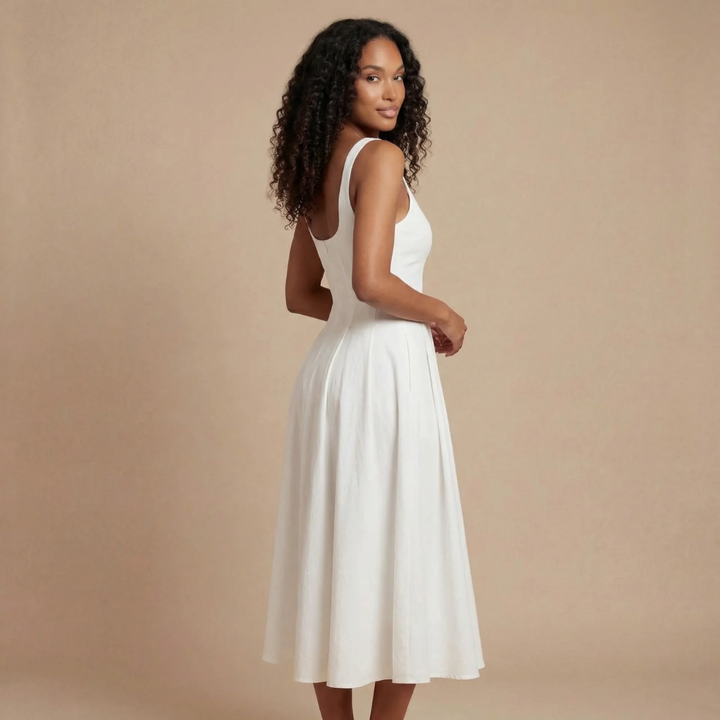 Modernes elegantes Damen Midikleid in Schwarz. Ärmelloser Karree-Ausschnitt für einen stilvollen Auftritt.