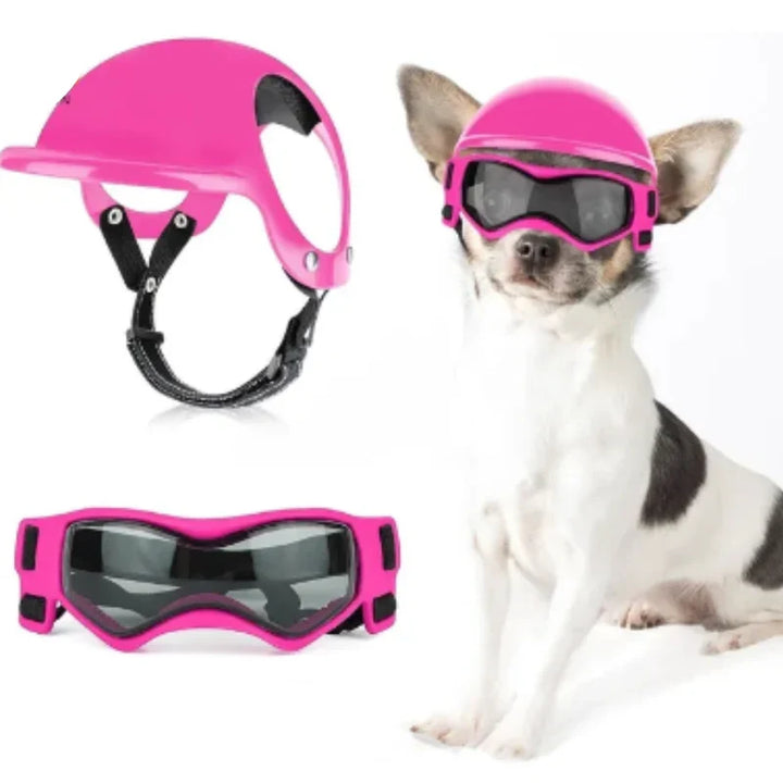 Modischer Hundehelm mit verstellbarer Brille, bietet UV-Schutz für kleine und große Hunde.