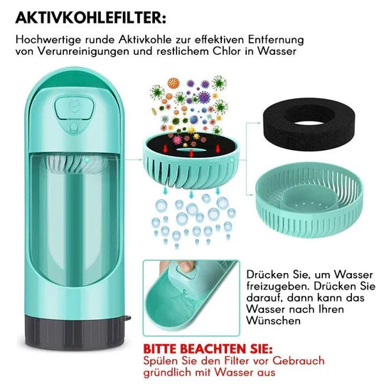 Einhandbedienung: Trinkflasche für Hunde & Katzen mit Trinknapf, auslaufsicher für Spaziergänge.
