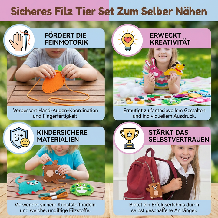 Bastelset für Kinder, Filztiere nähen lernen, Spielzeug zur Entwicklung von Handarbeit.