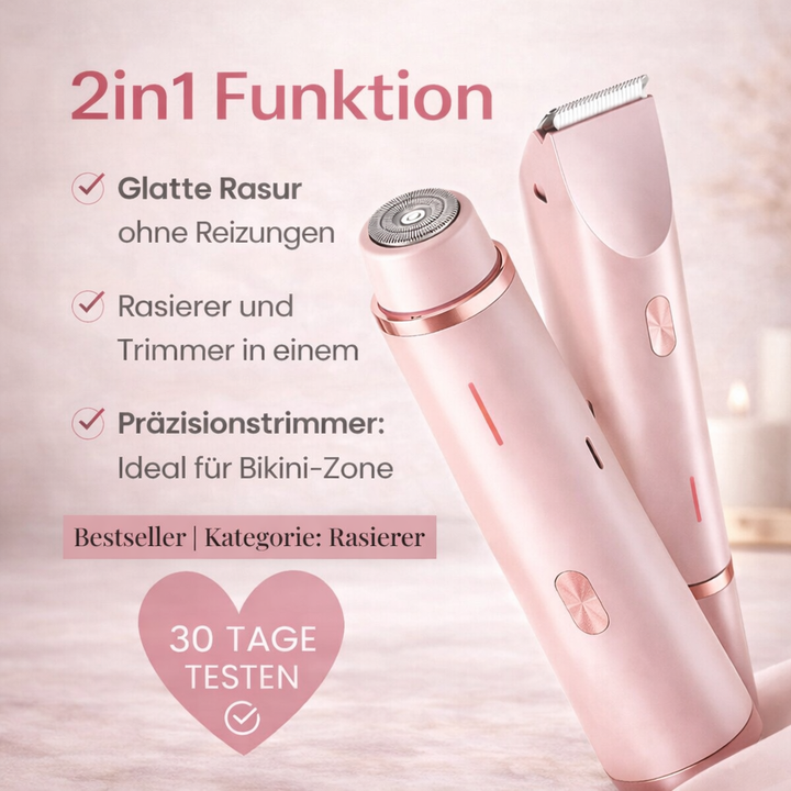 Nahaufnahme des Scherkopfs vom elektrischen Damen Intimrasierer. Für präzise und sichere Haarentfernung.