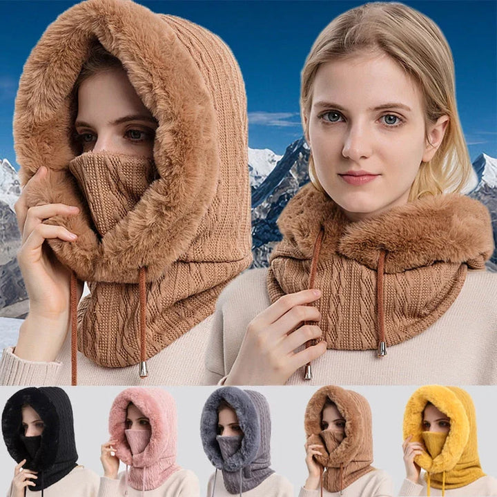 Damen Winterschal 3-in-1: Mütze, Halswärmer und Schutzmaske. Schützt und wärmt bei Winterwetter.