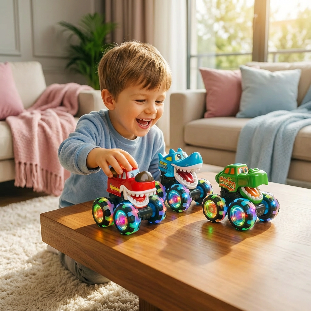 Monster Truck Spielauto mit LED-Leuchteffekten für spannendes Kinderspiel, robust und farbenfroh.