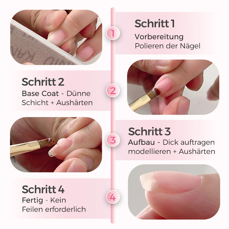 Aufgetragene Schicht transparentes Nagelhaftgel. Bietet makellose 3-in-1 Nagelbasis und Verstärkung für langlebige Gelnägel.