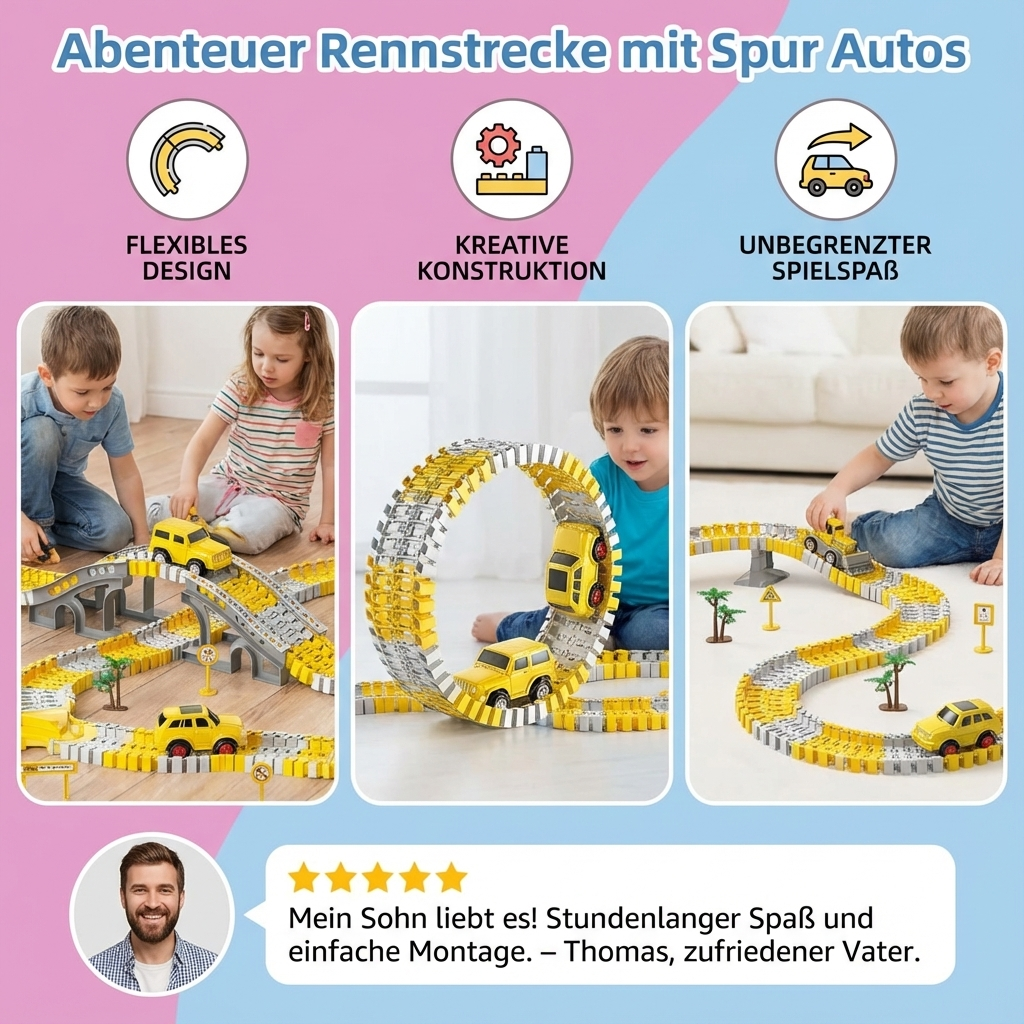 Begeisterte Kinder spielen mit der farbenfrohen Abenteuer Rennstrecke und den schnellen Spurautos. Familienspiel.
