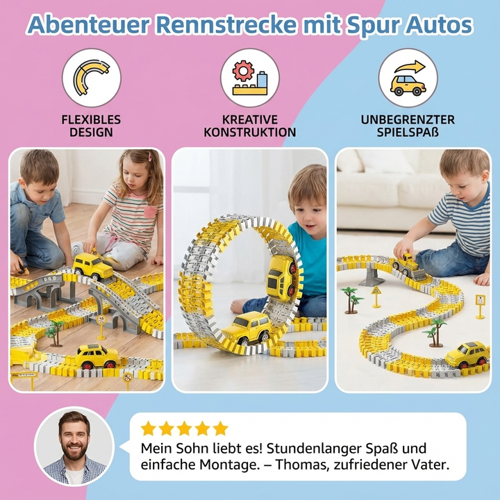 Begeisterte Kinder spielen mit der farbenfrohen Abenteuer Rennstrecke und den schnellen Spurautos. Familienspiel.