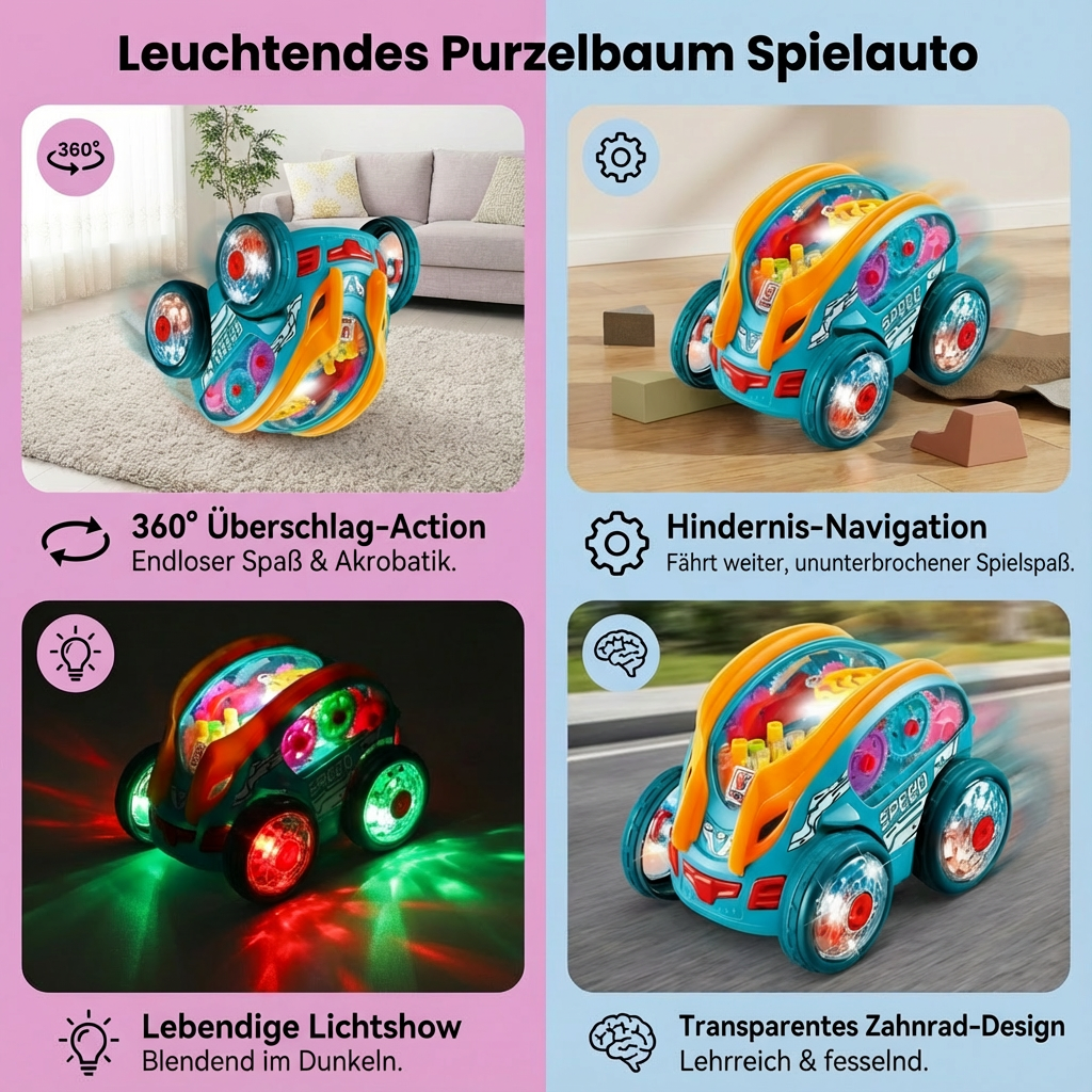 Dynamisches Purzelbaum Spielauto für Kinder, elektrisch betrieben, mit faszinierenden Lichteffekten und Akku.