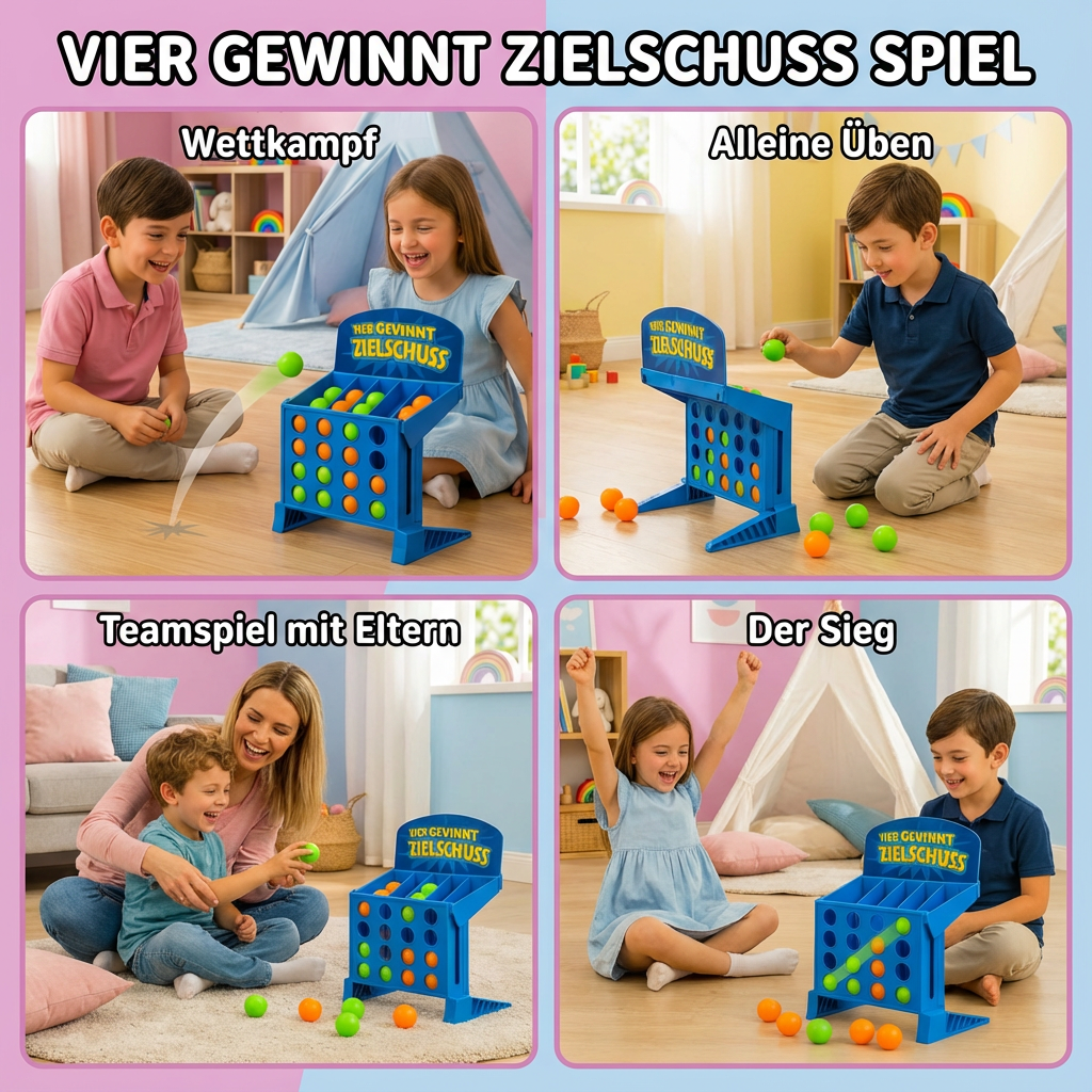Aufgebautes Vier Gewinnt Zielschuss Spielbrett mit bunten Scheiben, bereit für ein Geschicklichkeitsspiel.