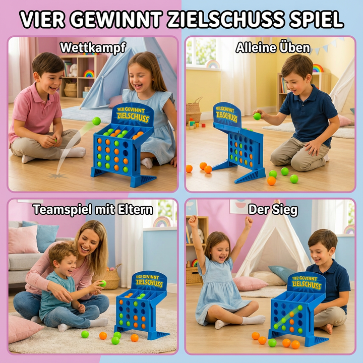 Aufgebautes Vier Gewinnt Zielschuss Spielbrett mit bunten Scheiben, bereit für ein Geschicklichkeitsspiel.
