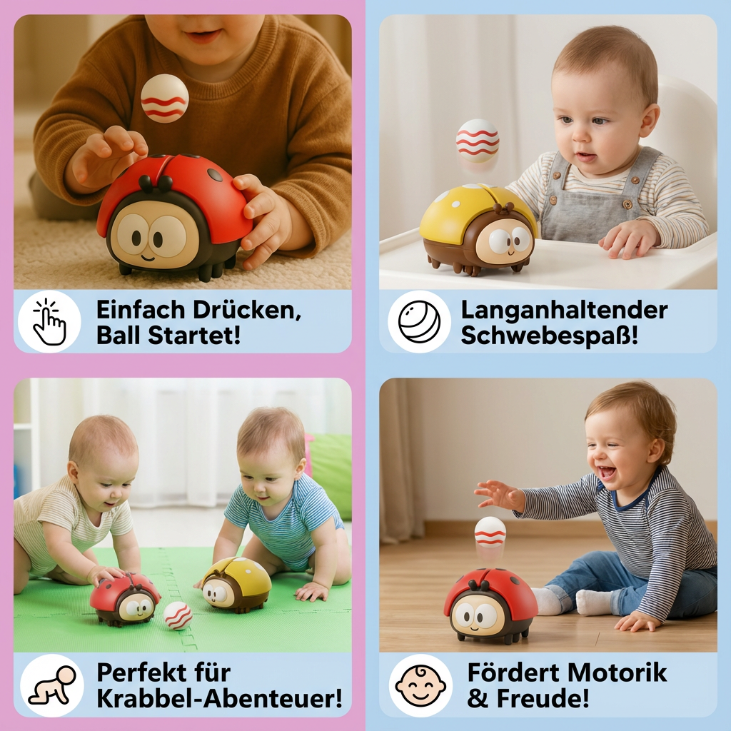 Baby spielt mit schwebendem elektrischem Marienkäfer Luftballon Spielzeug. Fördert Koordination.