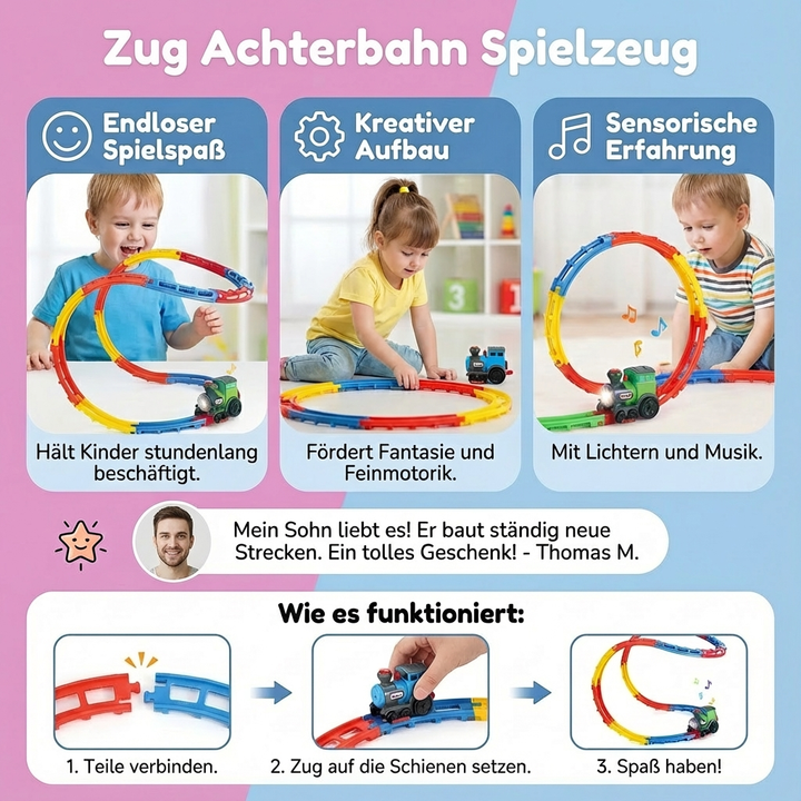 Detailliertes Zug Achterbahn Spielzeug mit farbigen Schienen. Ideal für aktives Spielen & Motoriktraining.