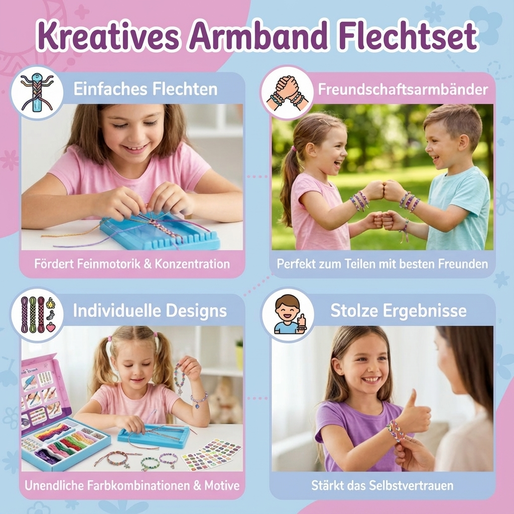Geschenkidee: Verpacktes Kreatives Armband Flechtset für Kinder. Buntes Bastelset zum Erstellen von DIY Schmuck.