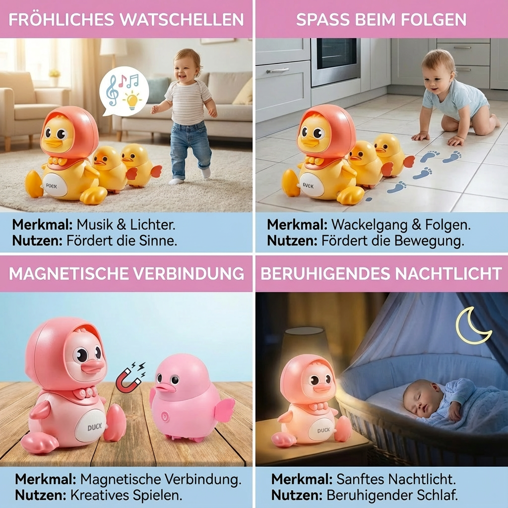 Interaktive Watschelente mit Sound & Lichteffekten, fördert Motorik & Sensorik bei Kleinkindern.