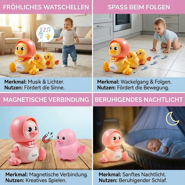 Interaktive Watschelente mit Sound & Lichteffekten, fördert Motorik & Sensorik bei Kleinkindern.