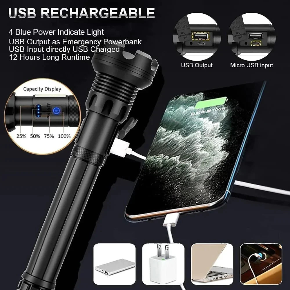 Multifunktionale LED Taschenlampe, wiederaufladbar & wasserdicht. 70.000 Lumen für Outdoor, Camping und als Handwerkzeug.