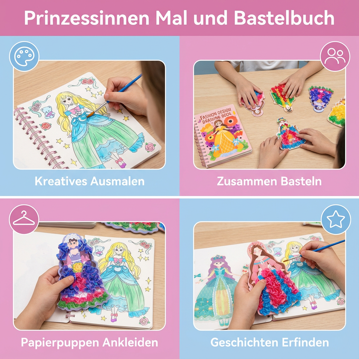 Offenes Prinzessinnen Bastelbuch mit Farbstiften, Stickern & einer ausgemalten Modesilhouette auf einer Seite.
