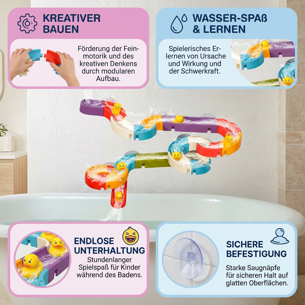 Buntes Entenrutsche Badespielzeug für Kleinkinder, sorgt für sprudelnden Badspaß in der Badewanne.