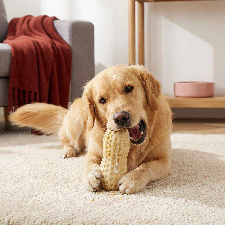 Langlebiges Erdnuss-Kauspielzeug für Hunde, robust und bissfest, ideal für stundenlangen Kauspaß.