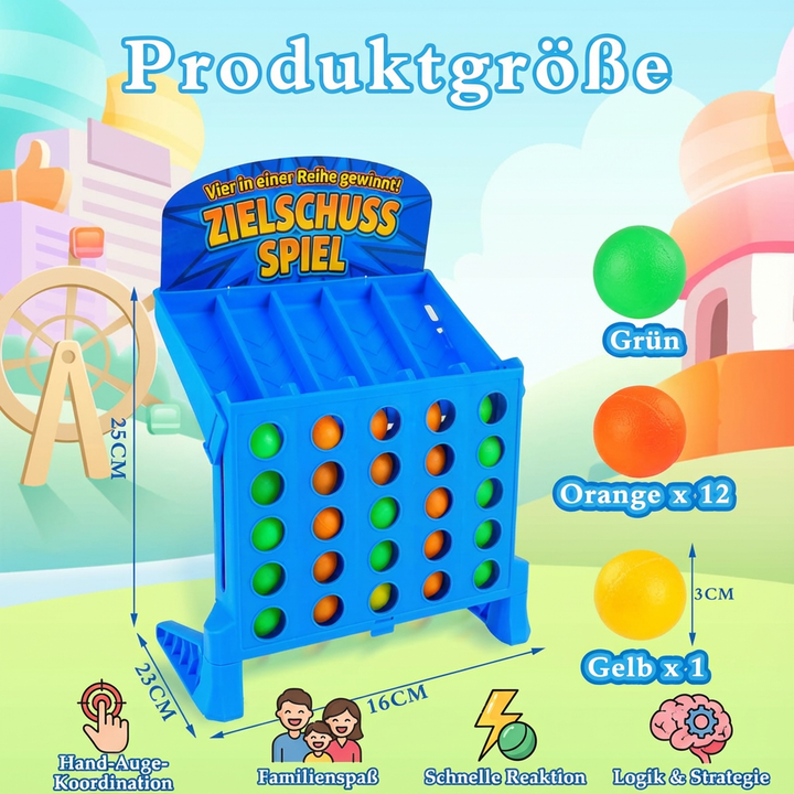Verpackung des Vier Gewinnt Zielschuss Spiels: Geschenkidee für Familienspiel-Liebhaber & Reaktionshelden.