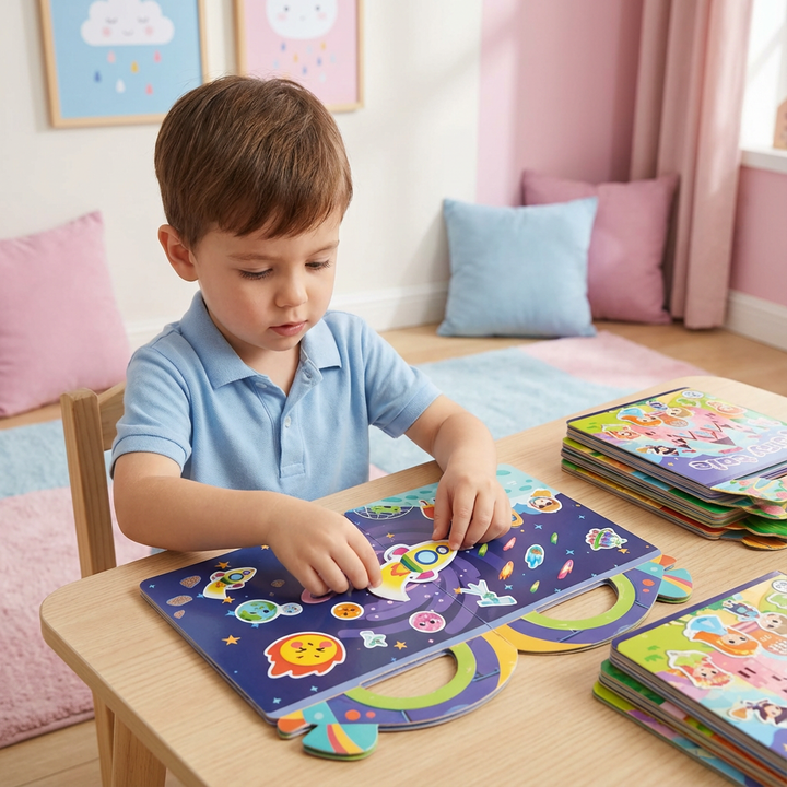 Kind spielt mit wiederverwendbarem Montessori Stickerbuch; verschiedene Tiere & Landschaften gestalten.