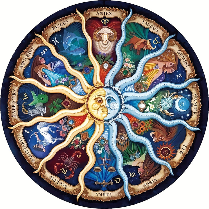 Farbenfrohes rundes Sternzeichen-Puzzle, 1000 Teile. Detaillierte Darstellung der Astrologie für Erwachsene.