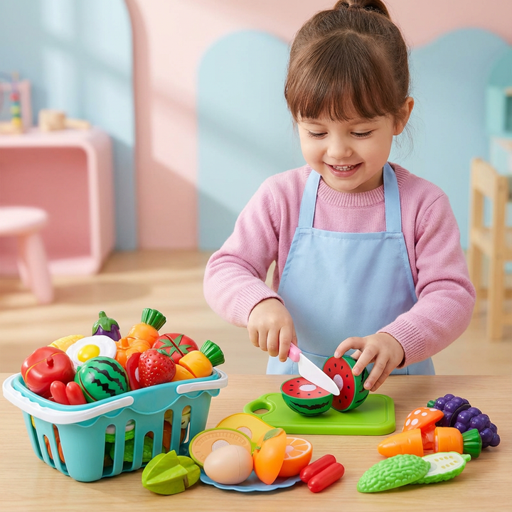 Kinder Schneideset mit farbigem Spiel-Obst & -Gemüse für Rollenspiele und die Kinderküche.