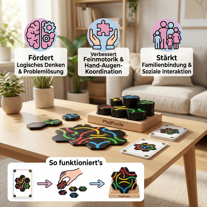 Farbenfrohes Denkspiel PfadPuzzle für Kinder; trainiert Motorik & Problemlösung spielerisch.