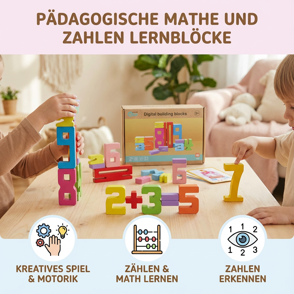 Kinder stapeln bunte Mathe-Zahlenblöcke, fördern Kreativität & Feinmotorik beim spielerischen Lernen.