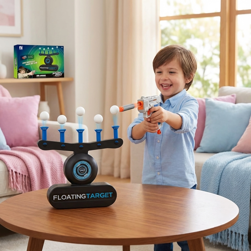 Interaktives Zielschuss Spiel mit schwebenden Bällen für Kinder. Fördert Motorik, Konzentration & Geschicklichkeit.