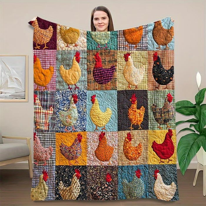 Kuschelige Flanelldecke mit niedlichen Huhn-Motiven, ideal als Sofadecke. Pflegeleicht.