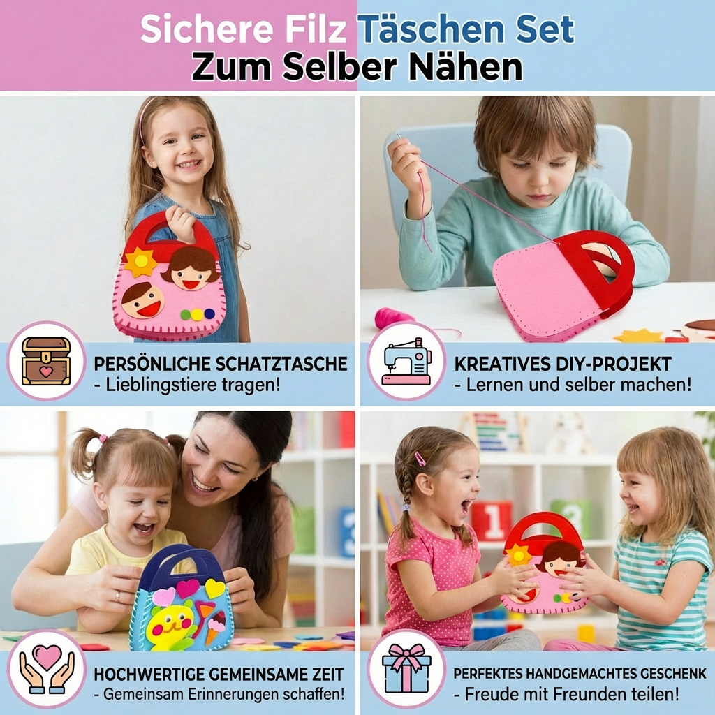 Kinder nähen bunte Filztaschen mit diesem Bastelset. Kreatives DIY-Set mit sicheren Materialien für kleine Handwerker.