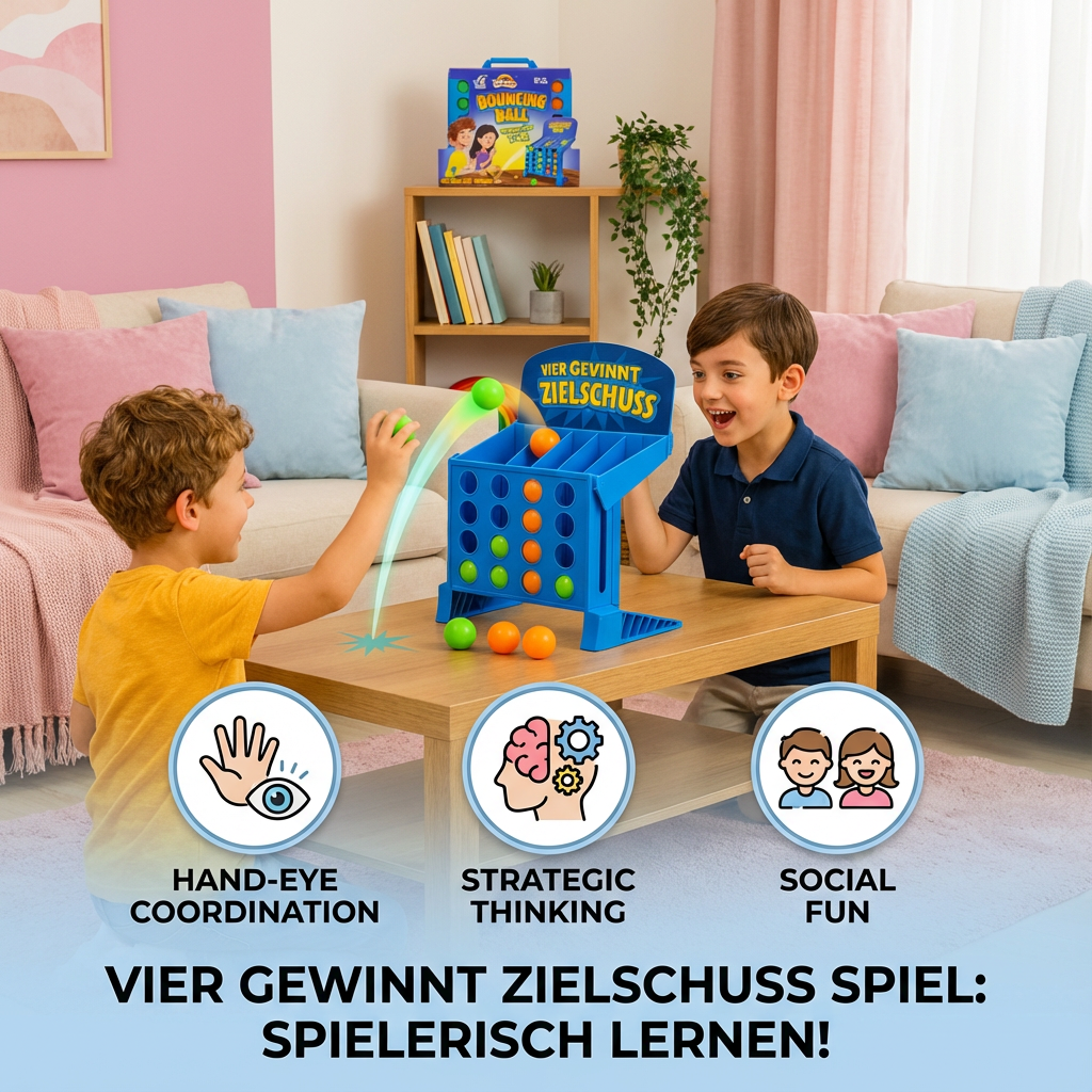 Dynamisches Bild: Scheibe fliegt ins Vier Gewinnt Zielschuss Spielbrett; spannendes Reaktions- & Geschicklichkeitsspiel.