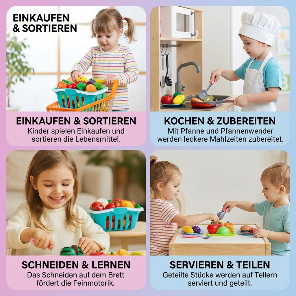 Buntes Obst & Gemüse Schneideset für Kinder, fördert Geschicklichkeit und Koordination beim Rollenspiel.