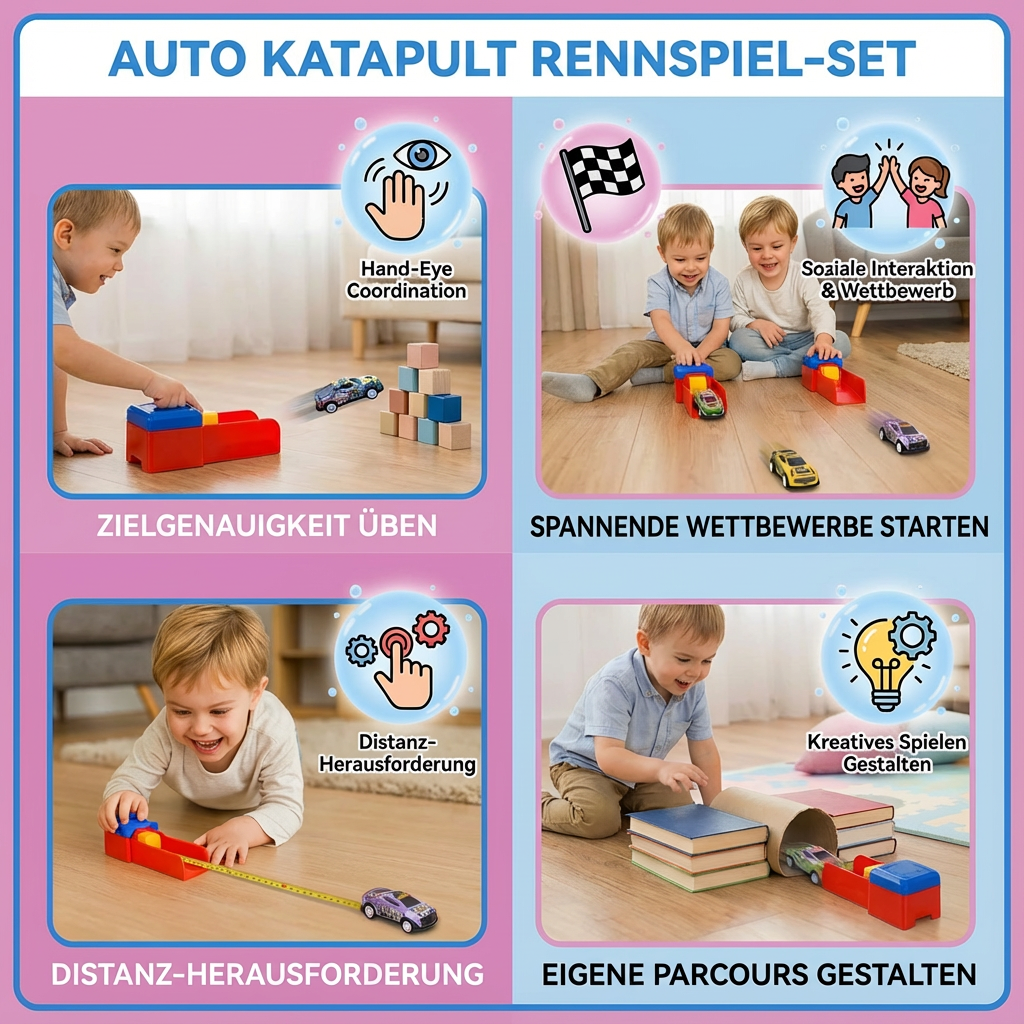 Detailreiches Rennfahrer Set mit Katapult-Funktion. Hochwertige Metallautos für schnelle Rennen und aufregende Duelle.