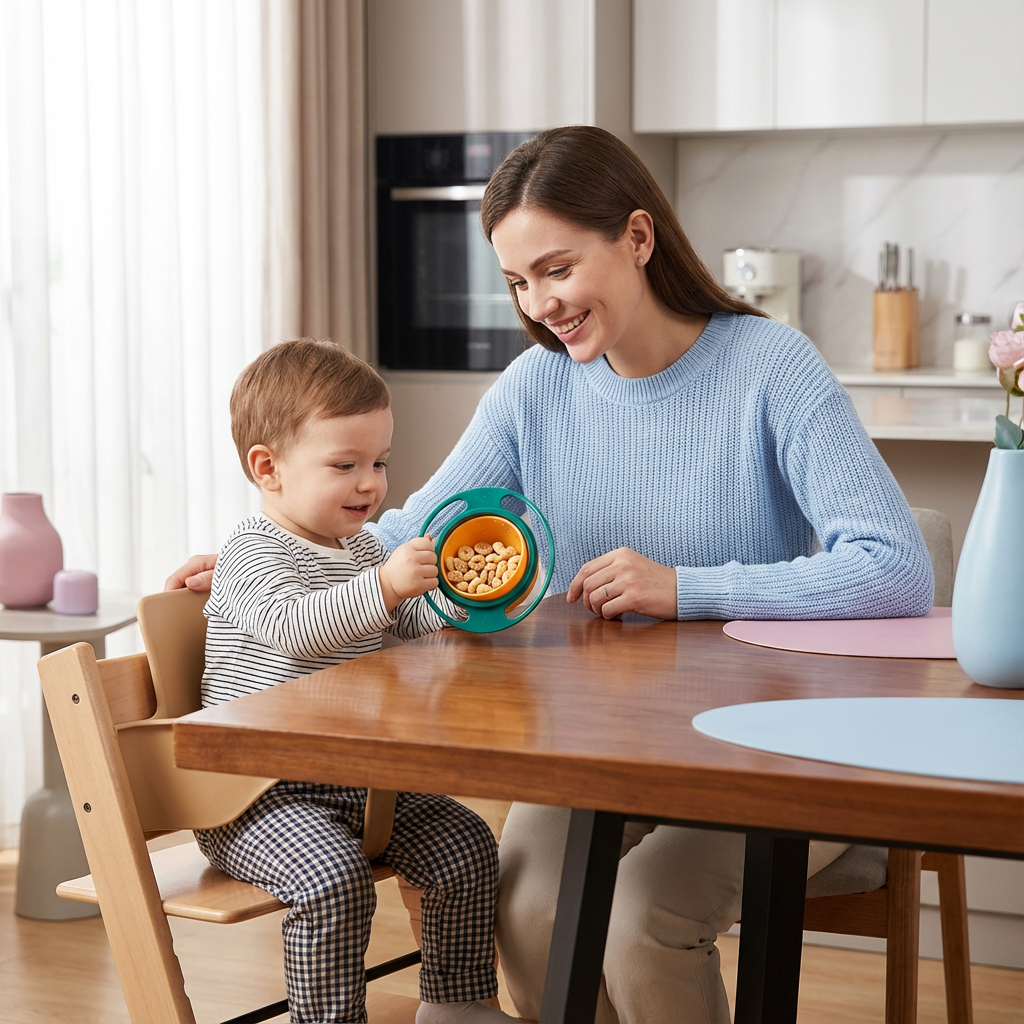 Blaue Babyschüssel, kleckerfrei & auslaufsicher. Ideal für Kleinkinder zum selbstständigen Essen lernen.