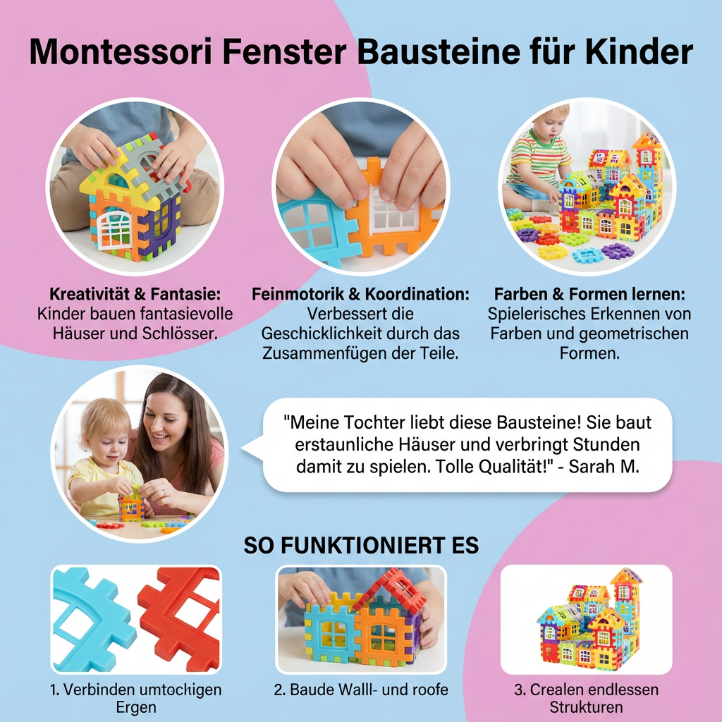 Kreative Montessori Fenster Bausteine: Entwicklungsspielzeug fördert feine Motorik und logisches Denken.