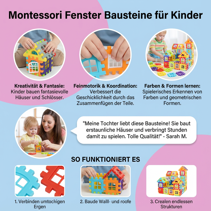 Kreative Montessori Fenster Bausteine: Entwicklungsspielzeug fördert feine Motorik und logisches Denken.