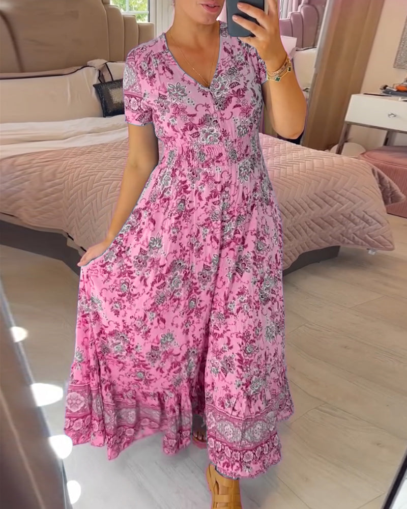 Vielseitiges V-Ausschnitt Maxikleid für Damen, kombiniert mit Sandalen oder Absätzen.