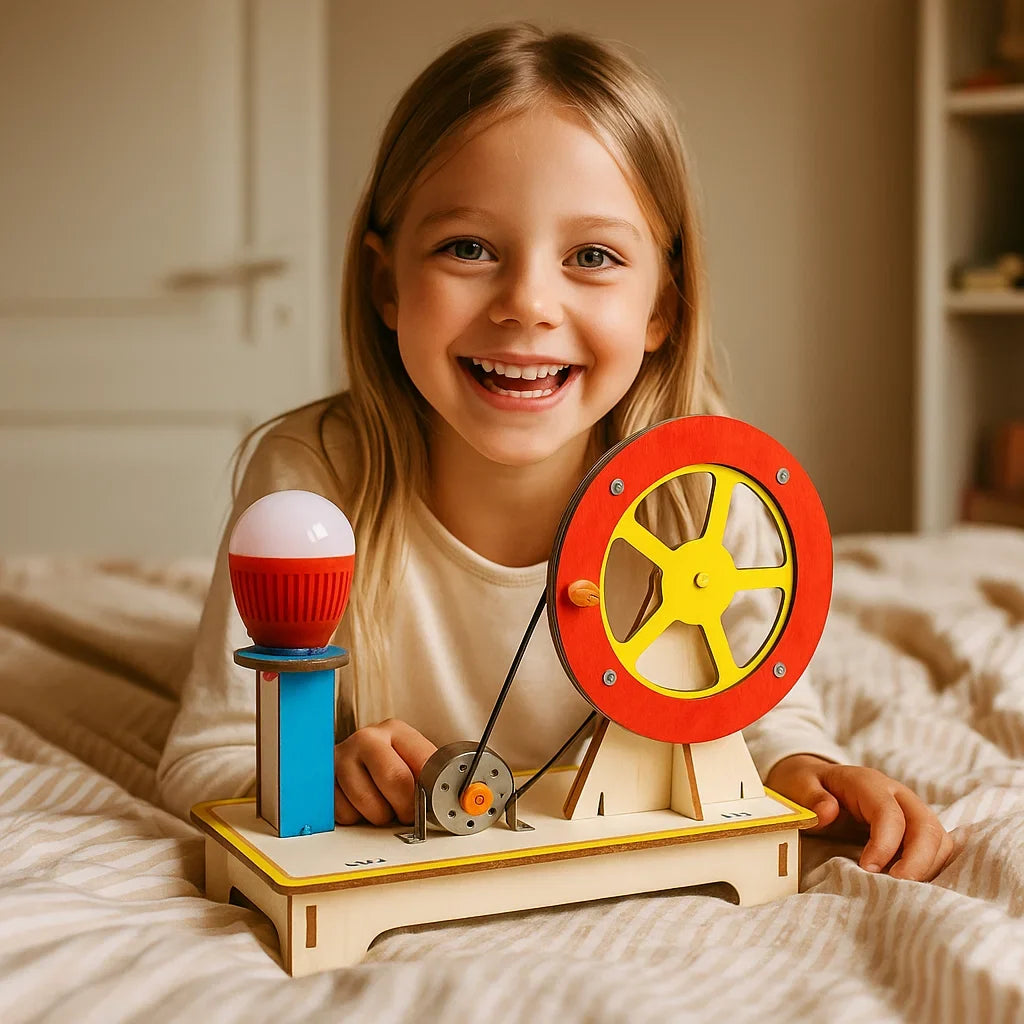 Alle Bauteile des Lernspielzeugs übersichtlich präsentiert, bereit zum Forschen.