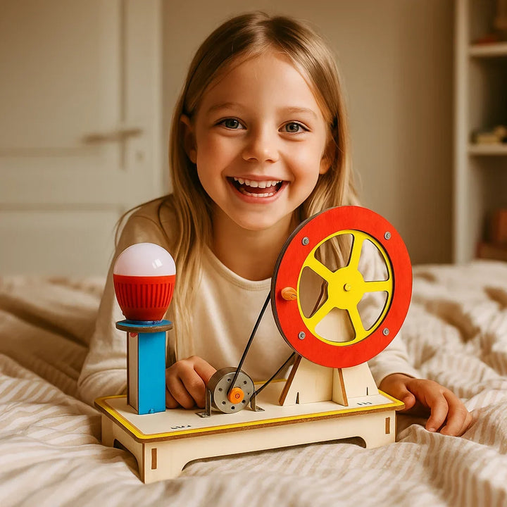 Alle Bauteile des Lernspielzeugs übersichtlich präsentiert, bereit zum Forschen.