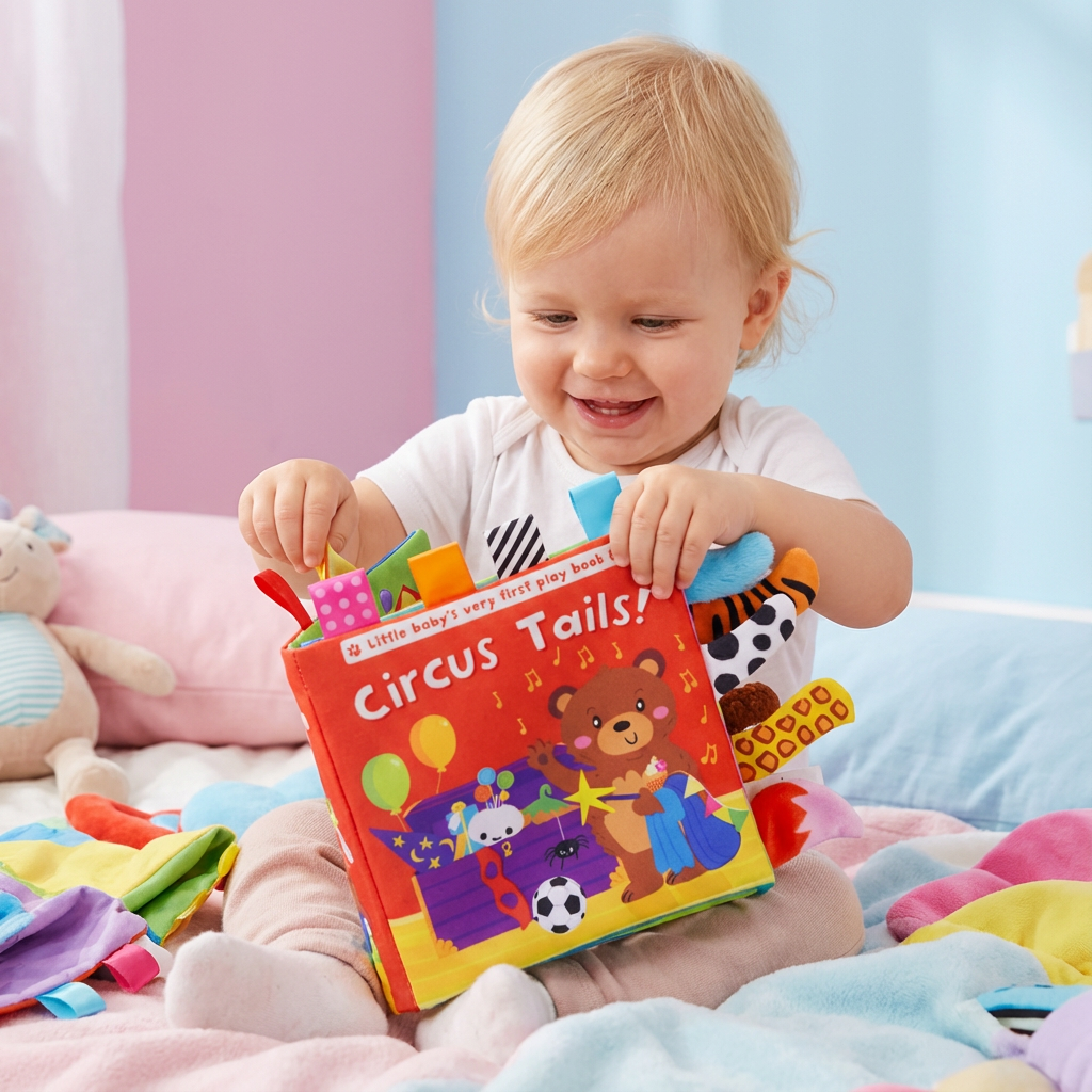Farbiges Stoff Knisterbuch für Babys, mit verschiedenen Texturen & Knistergeräuschen. Sensorik pur.