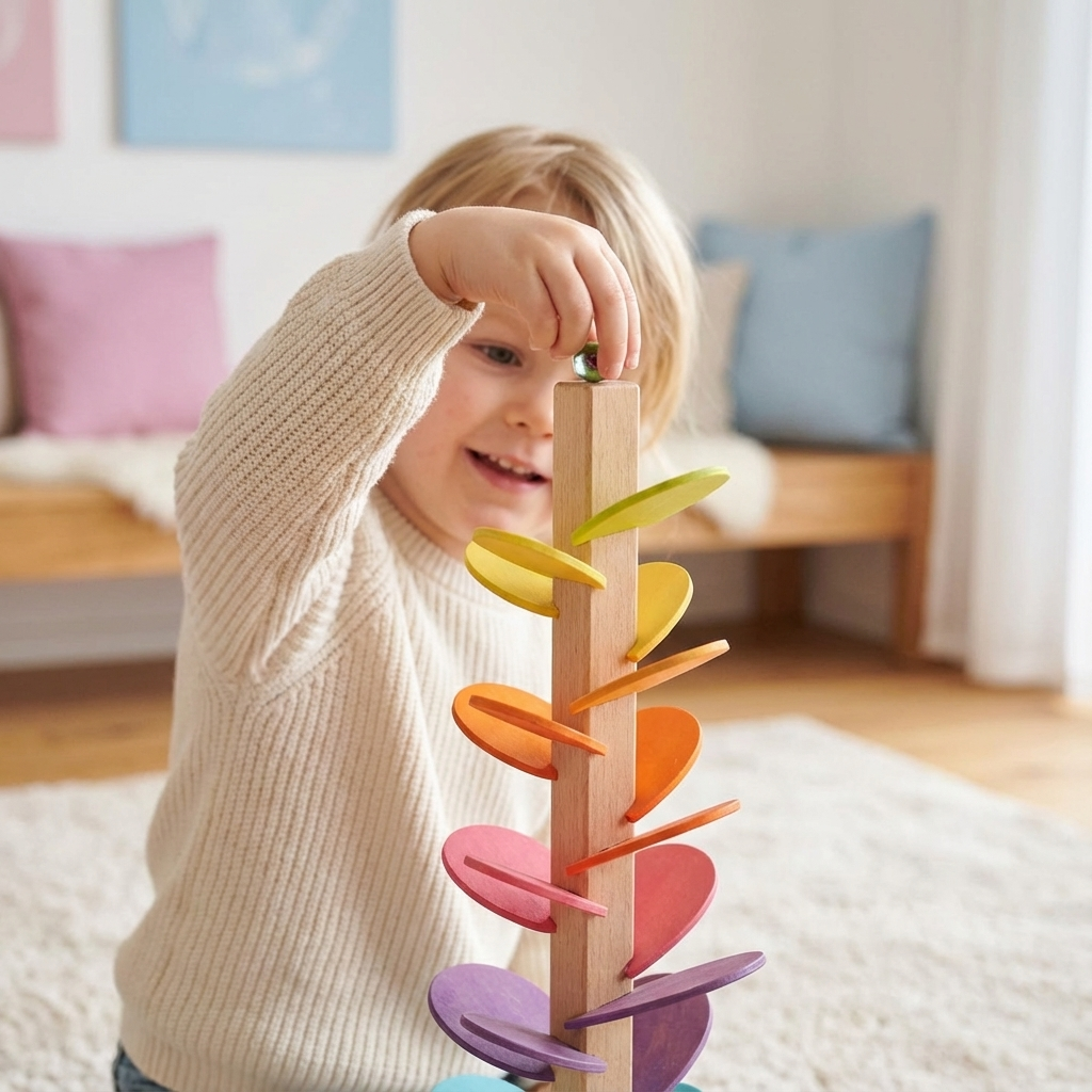 Montessori Regenbogen Murmel Turm aus Holz, pädagogisches Kinderspielzeug zur Förderung der Feinmotorik.