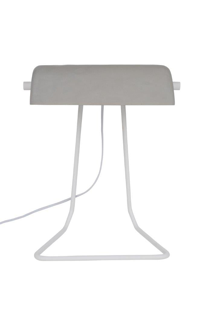 Elegante Tischleuchte mit grauem Betonschirm und schwarzem Metallsockel. Eine moderne Arbeitsplatzlampe.
