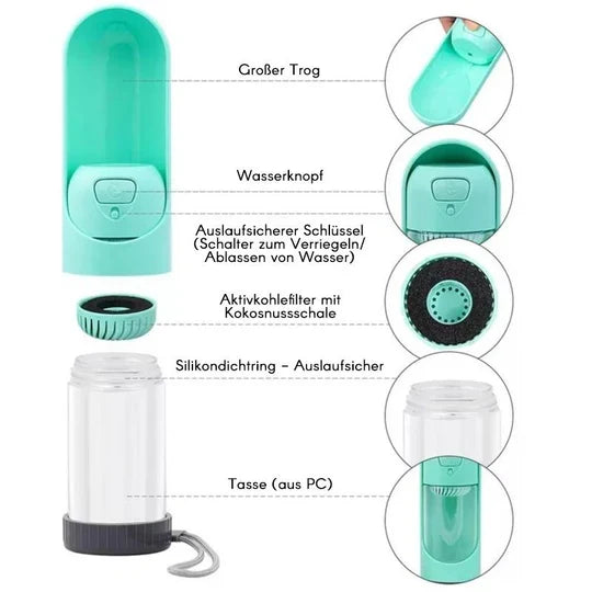 Hydration unterwegs: Haustier-Trinkflasche mit Napf für Hunde & Katzen, ideal für Outdoor-Aktivitäten.